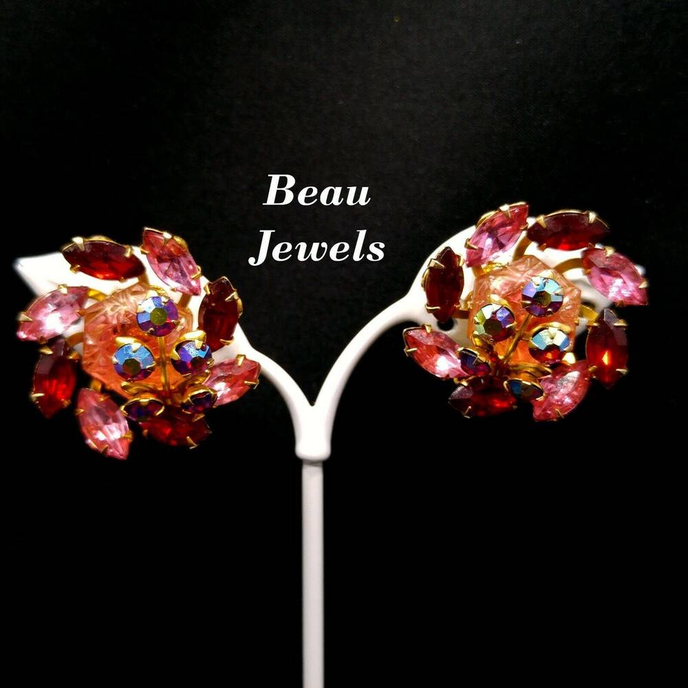 Vintage Signed BEAU JEWELS Gold-Tone Pink & Red AB Rhinestones Clip-On Earrings